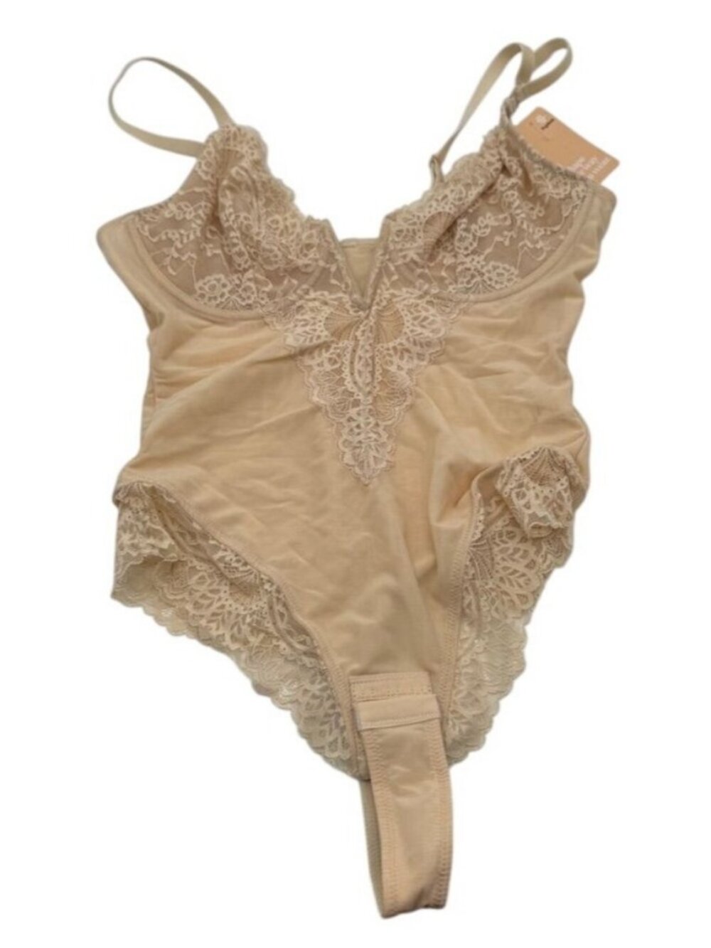 Popilush Shapewear Lace Deep V-Neck Sculpting Thong Bodysuit Beige Tan Women's M